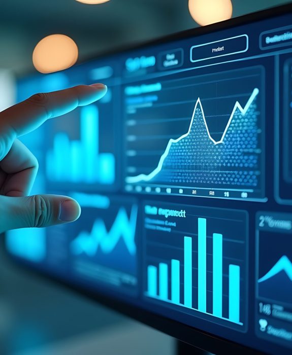 virtual cost management control panel. Holographic financial charts, expense reduction indicators, and productivity metrics glow in neon blue,